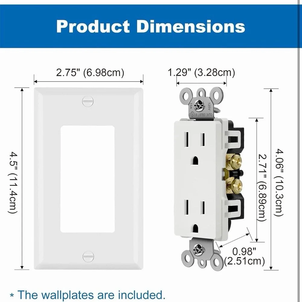 BESTTEN 30 Pack 15 Amp Decorator‎ Receptacle Outlet w/ Screwless Wall Plates